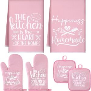 Sratte 6 Pcs Kitchen Decor Accessories Set Farmhouse Towels Pot Holders Oven Mitts Set 2 Dish Towels 2 Potholders 2 Cooking Mittens Oven Glove for Christmas Baking Cooking Supply(Pink,Kitchen)