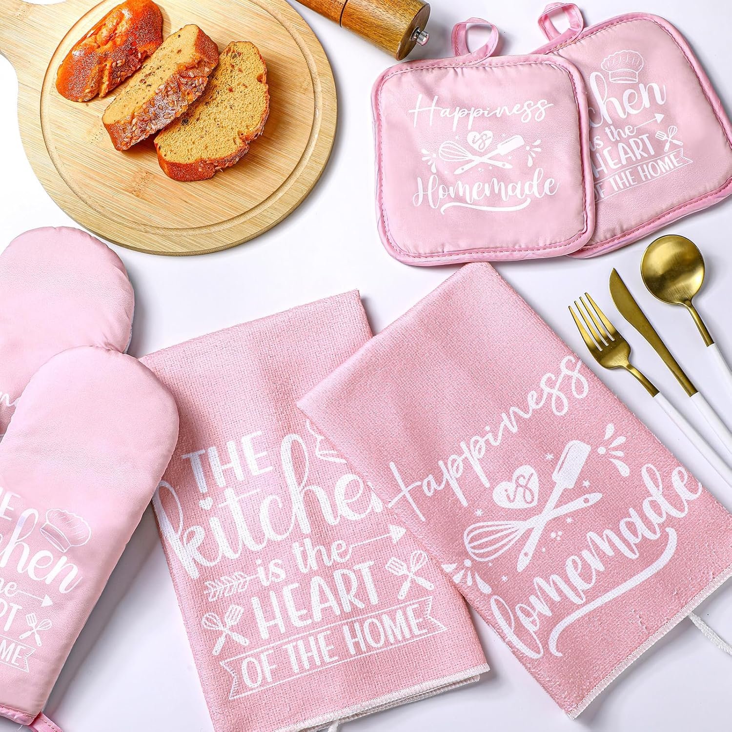 Sratte 6 Pcs Kitchen Decor Accessories Set Farmhouse Towels Pot Holders Oven Mitts Set 2 Dish Towels 2 Potholders 2 Cooking Mittens Oven Glove for Christmas Baking Cooking Supply(Pink,Kitchen) - Image 2