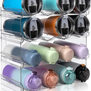 Stackable Water Bottle Organizer, Large Compartment Water Bottle Holder, 4 Tier Clear Water Bottle Organizer for Cabinet, Bottle Rack for Kitchen Organization and Storage - Hold 16 Bottles