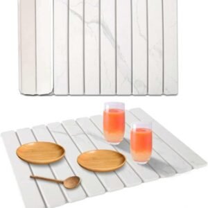 Stone Dish Drying Mat for Kitchen Counter, 24''×15'' Dishes Drying Matt Kitchen Counter, Absorbent Diatomaceous Earth Bath Quick Dry Mats for Tableware, Bottles and Cup(White Marble)