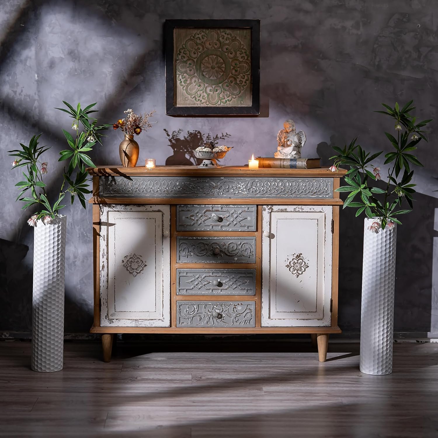 Sziqiqi White Tall Floor Vase: 27.6in Metal Modern Cylinder Floor Vases for Fireplace with Honeycomb Texture - Set of 2 Large Decorative Vase Home Decor for Living Room Bedroom Home Corner Indoor - Image 2