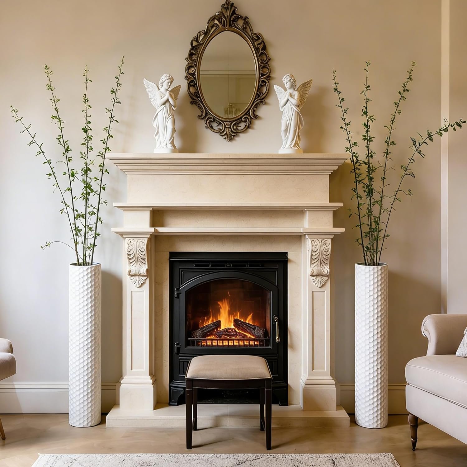 Sziqiqi White Tall Floor Vase: 27.6in Metal Modern Cylinder Floor Vases for Fireplace with Honeycomb Texture - Set of 2 Large Decorative Vase Home Decor for Living Room Bedroom Home Corner Indoor