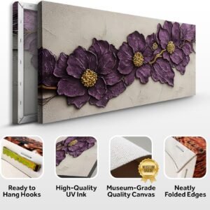 TAILORED CANVASES Purple Flower Plaster Wall Art Floral Decor Canvas Artwork Botanical Modern Home Interior Decorative Hanging Elegant Statement Design Gallery Display Living Bedroom Office 10x20