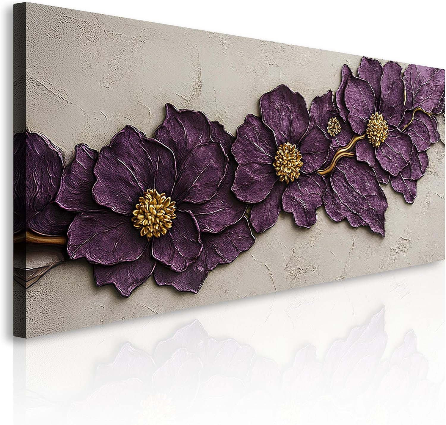 TAILORED CANVASES Purple Flower Plaster Wall Art Floral Decor Canvas Artwork Botanical Modern Home Interior Decorative Hanging Elegant Statement Design Gallery Display Living Bedroom Office 60x30 - Image 2