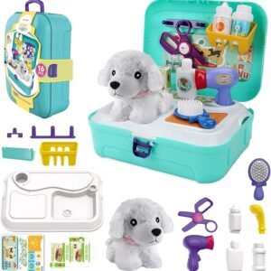 TEUVO Pet Care Play Set Doctor Kit for Kids, 16 Pcs Doctor Pretend Play Vet Dog Grooming Toys Puppy Dog Carrier Feeding Dog Backpack Gifts for Girls Boys 3-7 Years Old