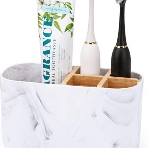 Toothbrush Holders for Bathrooms, 5 Slots Bamboo Toothbrush Holder Kids Electric Toothbrush Holder and Toothpaste Holder for Bathroom Countertop Accessories Storage, Marble Toothbrush Organizer