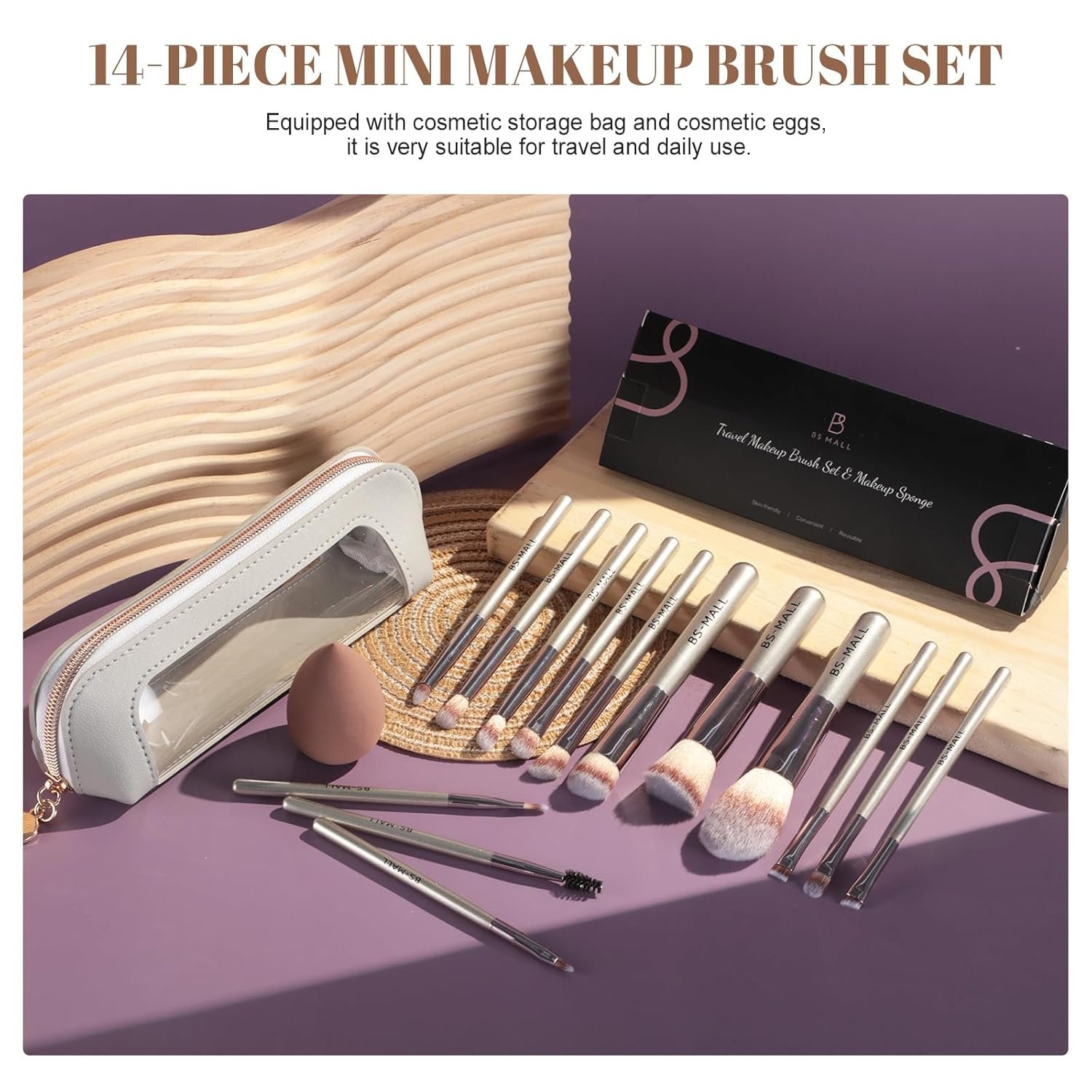 Travel Makeup Brush Set BS-MALL 14 Pcs with 1 Pcs Makeup Sponge – Essential Foundation Powder Concealers, Eye Shadows, Blush Makeup Brushes with Travel Makeup Case (Champagne) - Image 2