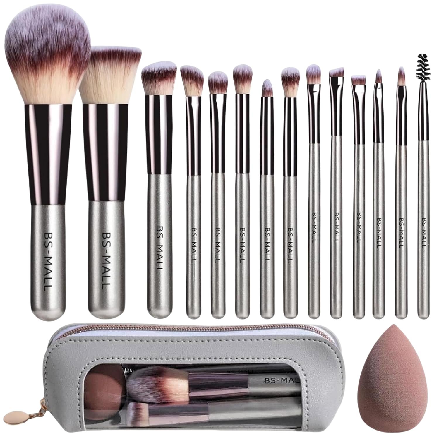 Travel Makeup Brush Set BS-MALL 14 Pcs with 1 Pcs Makeup Sponge – Essential Foundation Powder Concealers, Eye Shadows, Blush Makeup Brushes with Travel Makeup Case (Champagne)