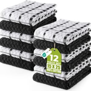 Utopia Towels - Kitchen Towels 12 Pack, 15 x 25 Inches, 100% Ring Spun Cotton Super Soft and Absorbent Linen Dish, Tea and Bar Towels Set, Black