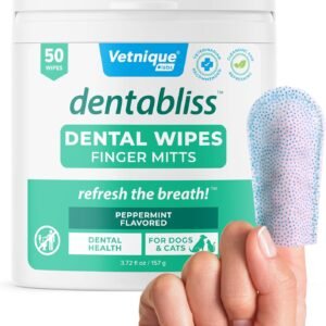 Vetnique Dentabliss - Dog Teeth Cleaning Finger Mitt Dental Wipe - Dog Plaque & Tartar Prevention with Brushing Beads - Flavored Dog Teeth Wipes, Dog Breath Freshener (Peppermint)