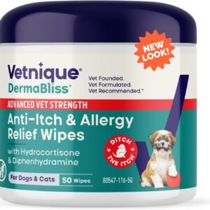 Vetnique Dermabliss 3-in-1 Medicated Dog Wipes - Relief for Itchy Skin, Allergies & Odor Control, Gentle No-Sting Formula, Antihistamine & Hydrocortisone Paw Wipes for Dogs & Cats 50 Count