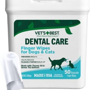 Vet's Best Finger Dental Wipes for Dogs and Cats – Oral Care Wipes for Teeth Cleaning, Fresh Breath, and Tartar Control – Gentle Finger Pads for Pet Dental Hygiene and Plaque Removal – 50 Count