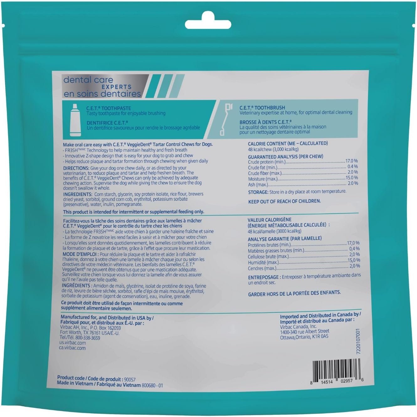 Virbac C.E.T.® VEGGIEDENT® FR3SH® Tartar Control Chews for Dogs with digestive health support, VOHC Approved, Medium 22-66lbs - Image 2