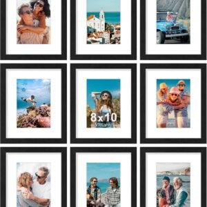 Vittanly 8x10 Picture Frames Set of 9, Shatter Resistant Plexiglass, Display 5x7 Pictures with Mat or 8x10 without Mat, Photo Frames for Wall or Tabletop, Engineered Wood, Black