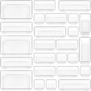 Vtopmart 25 PCS Clear Plastic Drawer Organizers Set, 4-Size Versatile Bathroom and Vanity Drawer Organizer Trays, Storage Bins for Makeup, Bedroom, Kitchen Gadgets Utensils and Office