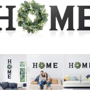 Wooden Home Letters with Wreath Artificial Eucalyptus Modern Decorative Hanging Farmhouse Sign for Living Room & Kitchen - Housewarming & Couple Gifts - Christmas Decoration