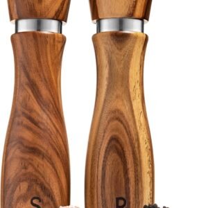 Wooden Salt and Pepper Grinder Set: Refillable Salt & Pepper Mills Adjust for Customized Coarseness, Crafted of Solid Acacia Wood with Ceramic/Stainless Steel Core, 8 Inches Each