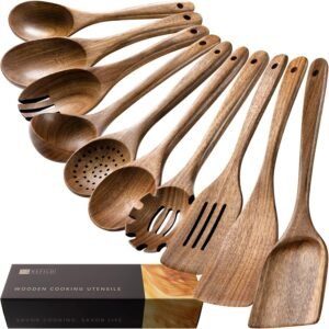 Wooden Spoons for Cooking, Nonstick Cooking Utensil Set with 10 Piece Acacia Wooden Spatulas and Spoons for Cooking, Terrific for Everyday Kitchen Tasks