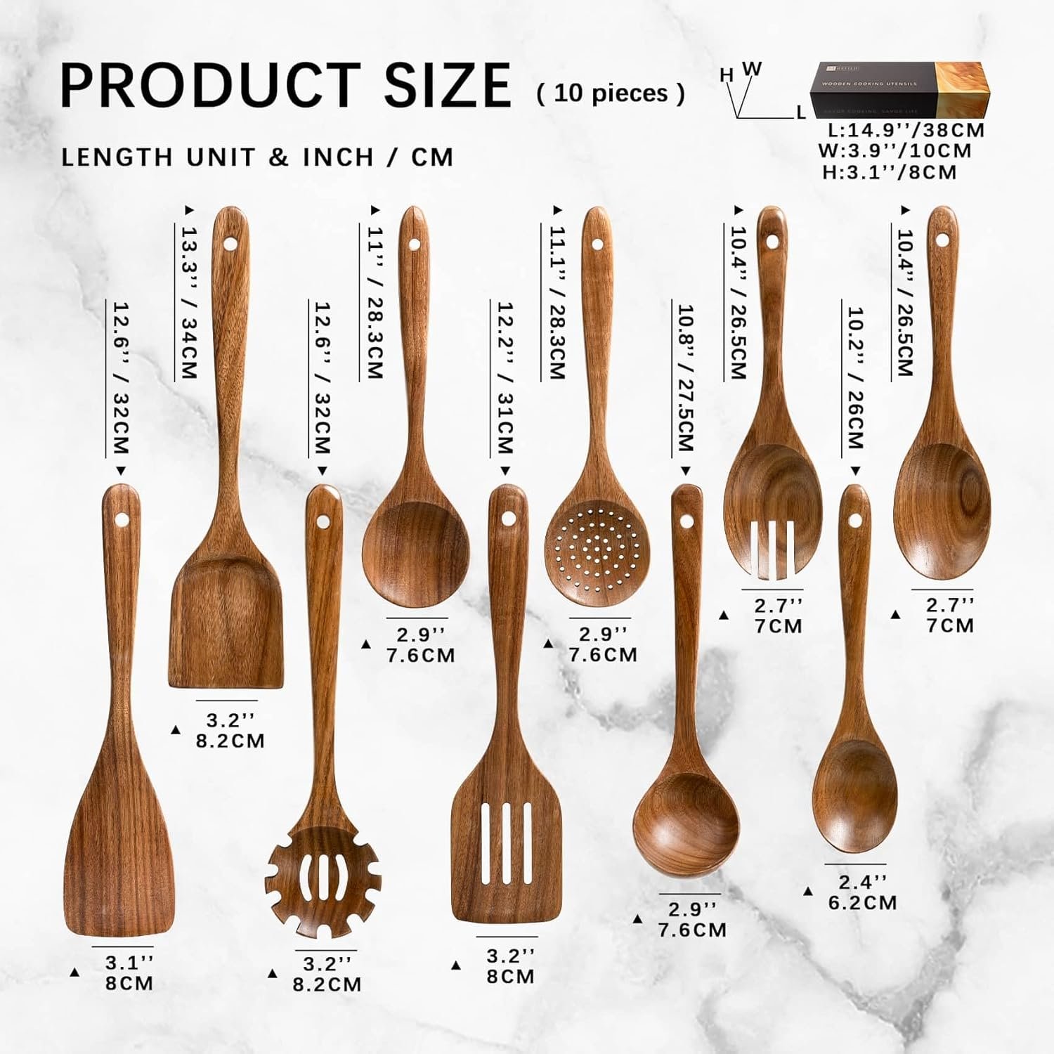 Wooden Spoons for Cooking, Nonstick Cooking Utensil Set with 10 Piece Acacia Wooden Spatulas and Spoons for Cooking, Terrific for Everyday Kitchen Tasks - Image 2