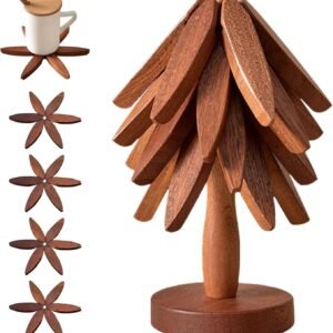Wooden Trivets for Hot Dishes, Tree Shape Trivet Set, 4 Walnut Wood + 1 Stand stored Like a Christmas Tree,Foldable Kitchen Wooden Trivet,for Hot Dishes、Pot、Bowl、Teapot、Hot Pot Holder(Walnut Wood)