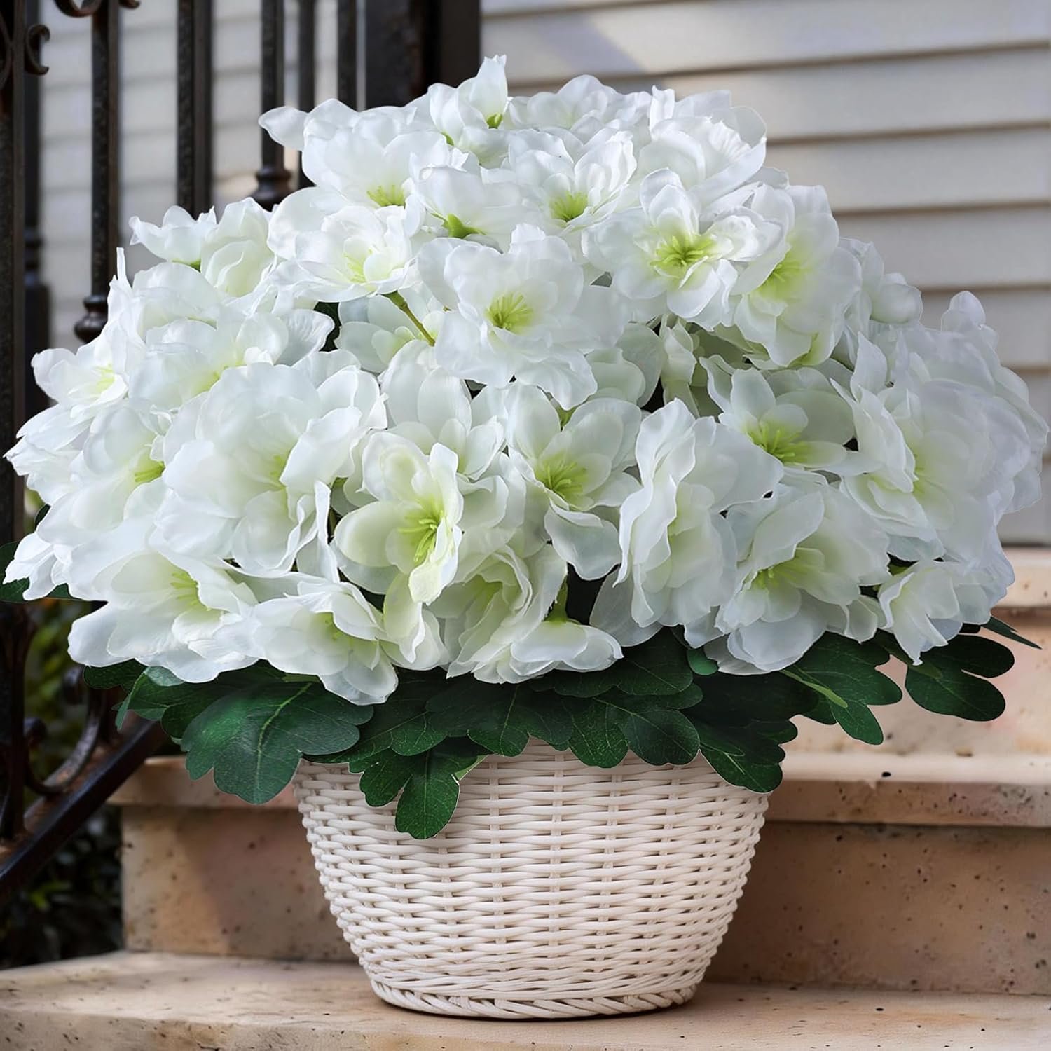 YXZZWL 8 Bundles Artificial Flowers for Front Door, Fake Silk Azalea Bouquet Silk Flowers for Outside UV Resistant Realistic Faux Plants for Planter Farmhouse Patio Garden Walkways Home Decor (White)