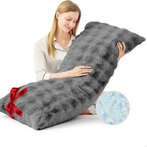 YZ HOME Faux Fur Fluffy Body Pillow for Adults - Firm Body Pillow Insert with Shredded Blue Memory Foam, Adjustable Height, Soft Support for Side Sleepers, Pregnant Women, Washable, 20x54 Inch (Grey)