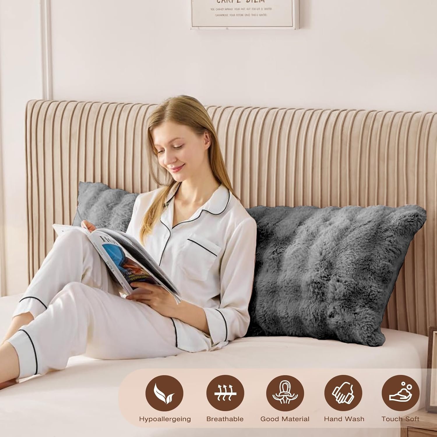 YZ HOME Faux Fur Fluffy Body Pillow for Adults - Firm Body Pillow Insert with Shredded Blue Memory Foam, Adjustable Height, Soft Support for Side Sleepers, Pregnant Women, Washable, 20x54 Inch (Grey) - Image 2