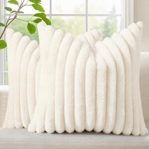 decorUhome Cozy Faux Fur Spring Throw Pillow Covers 18x18 Set of 2 Decorative Soft Plush Striped Modern Farmhouse Boho Couch Pillow Cases with Velvet Back for Sofa Bed Living Room, Cream White