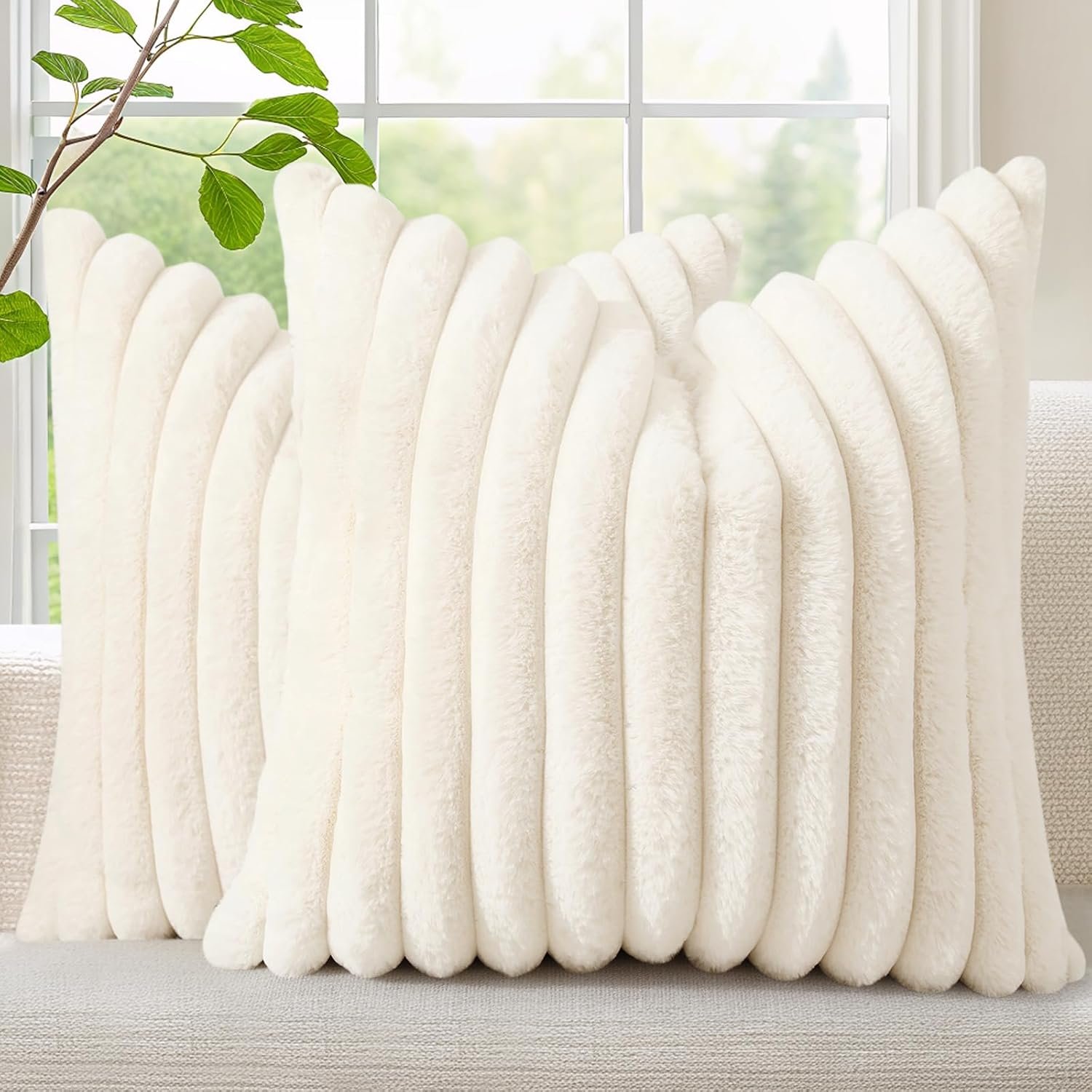 decorUhome Cozy Faux Fur Spring Throw Pillow Covers 18x18 Set of 2 Decorative Soft Plush Striped Modern Farmhouse Boho Couch Pillow Cases with Velvet Back for Sofa Bed Living Room, Cream White