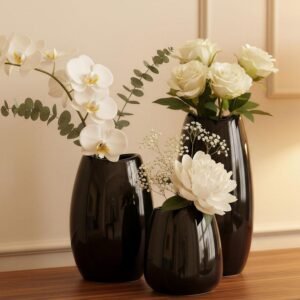 hjn Ceramic Vase Set of 3 Black Flower Vase for Home Decor, Modern Decorative Vase for Flowers/Ideal Shelf Decor/Table/Living Room/Kitchen/Office-Black