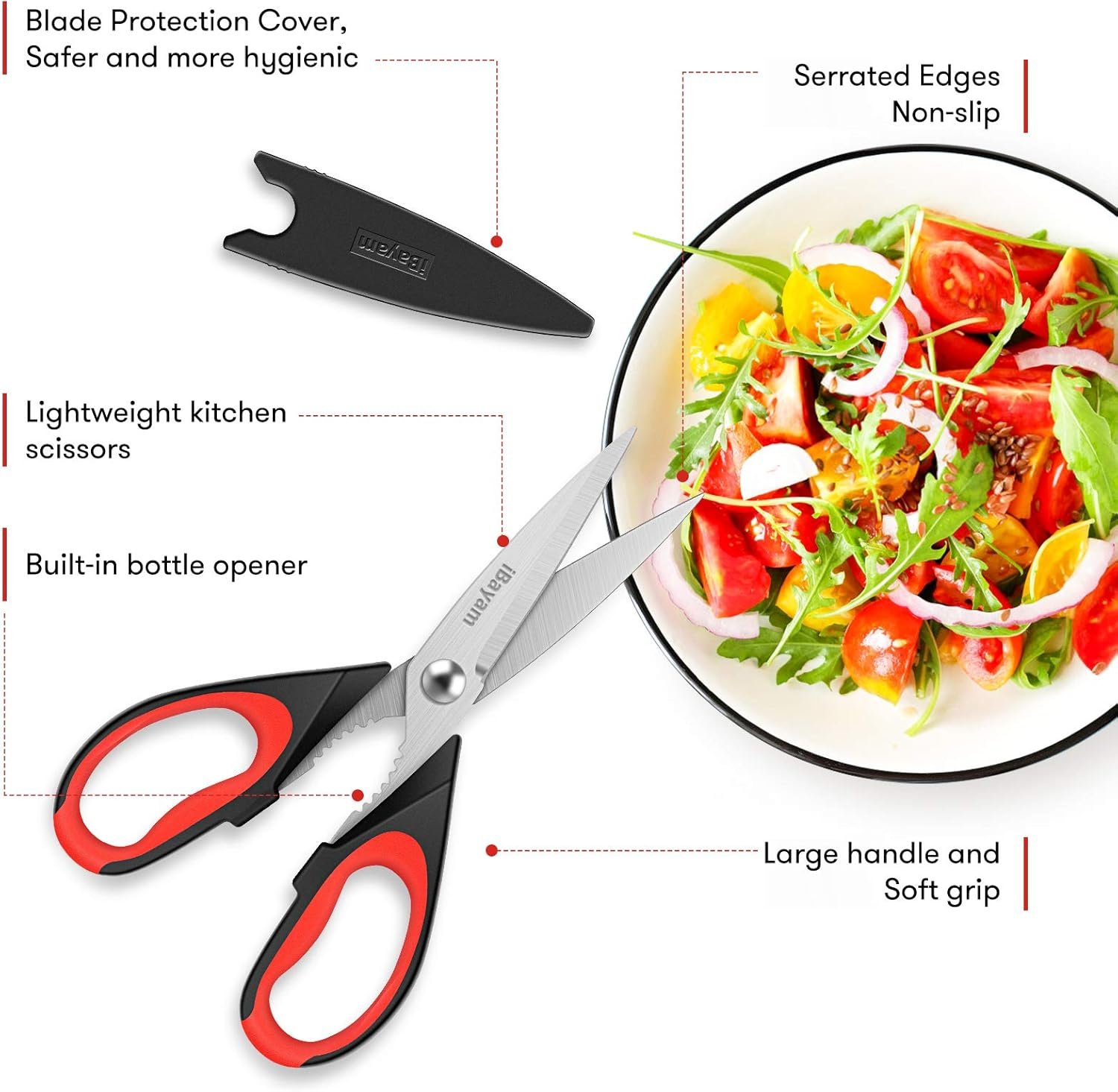 iBayam Kitchen Scissors All Purpose Heavy Duty, Kitchen Utensils Set, Stainless Steel Cooking Utensils Gadgets, Meat Poultry Food Shears Dishwasher Safe Utility Tools Home Gift, with Protective Sheath - Image 2