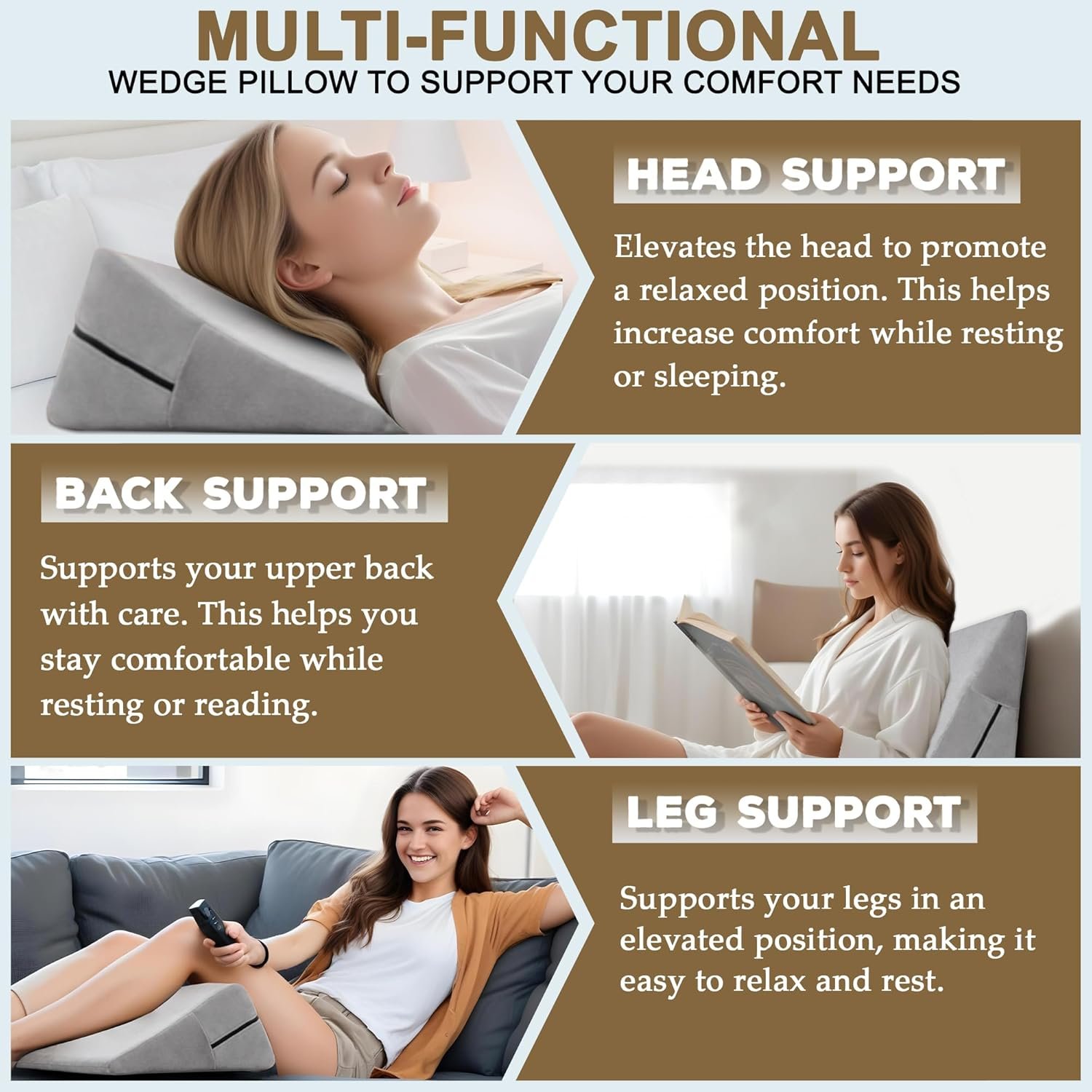 sokoro Bed Wedge Pillow for Sleep Apnea, GERD Acid Reflux Snoring Relief, Pregnancy Side Sleeper Pillow for Adults Seniors Neck Pain Back Sleeping, Leg Elevation Pillows for After Surgery Gifts, Grey - Image 2