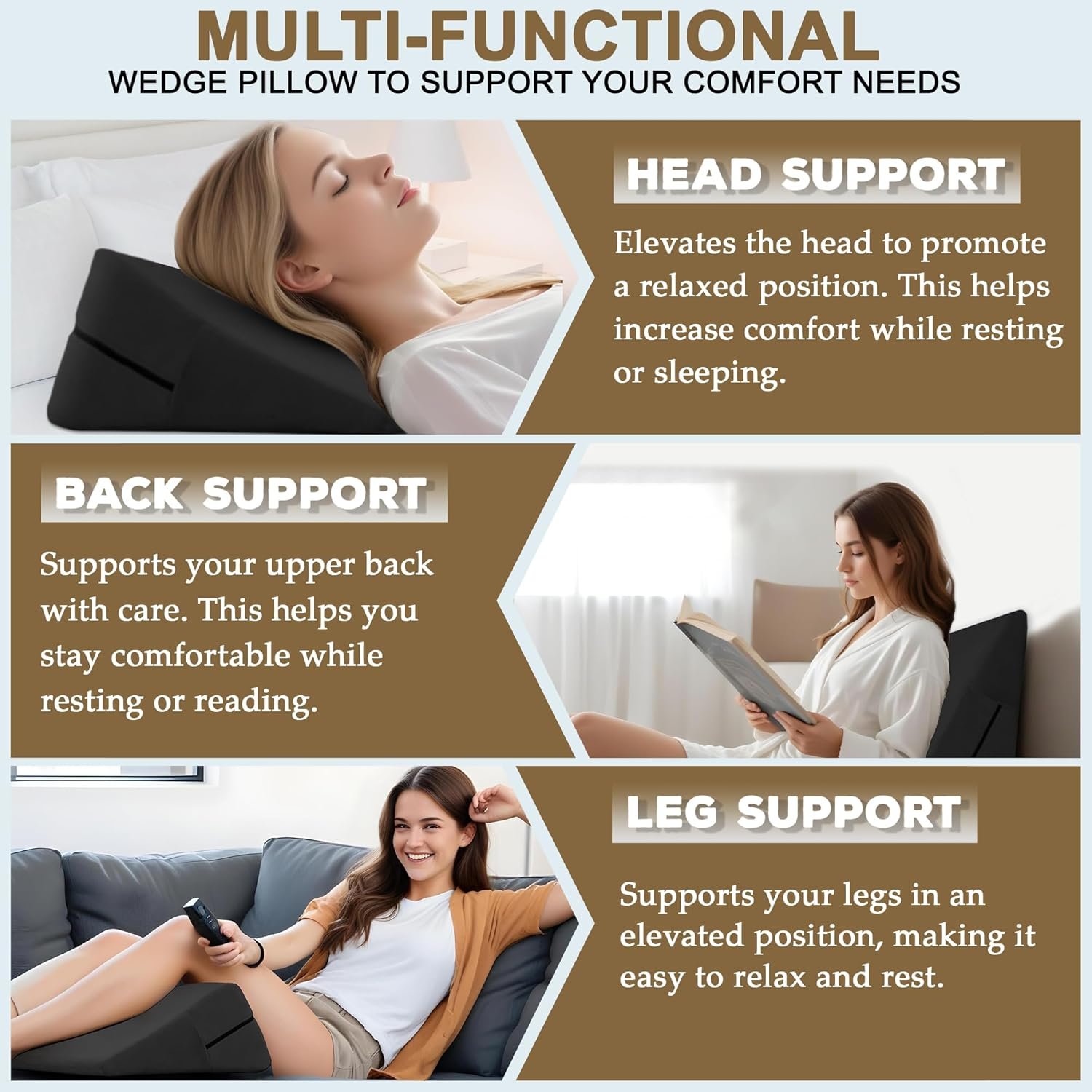 sokoro Bed Wedge Pillow for Sleeping, Triangle Pillow Wedge, Acid Reflux, Gerd, After Surgery, Back Support, Body Positioners for Pregnancy, Adults, Seniors to Elevate Head, Knee, Leg, Black - Image 2