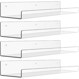 upsimples 6 Pack Acrylic Shelves for Wall Storage, 15" x 4“ Floating Bookshelves for Kids, Display Shelf Organizer for Bathroom, Bedroom, Living Room, Kitchen, Room Decor, Clear