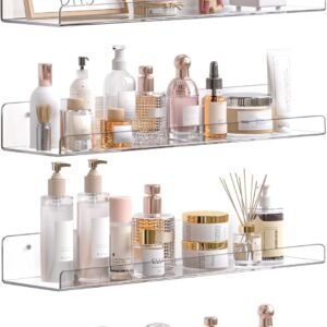 upsimples Acrylic Shelves for Bathroom Storage, 15" Floating Shelves Wall Organizer for Perfume, Make up, Skincare, Kids Bookshelf for Bedroom, Nursery, Living Room Decor, Clear, 4 Pack