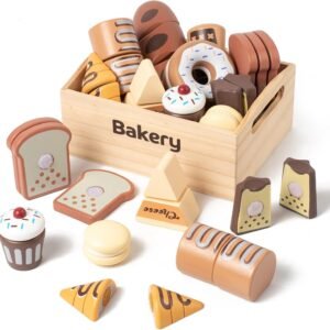 10 PCS Bakery Wooden Play Food Set for Kids Kitchen, Wooden Food Cutting Toys, Pretend Play Kitchen Food Toy Accessories with Storage Box, Christmas Birthday Present for Toddlers & Kids Ages 3+