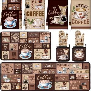 10 Pcs Coffee Kitchen Decor and Accessories Coffee Oven Mitts and Pot Holders Set Dish Towels Farmhouse Kitchen Decor Vintage Brown Gloves for Chef Baking Cooking Grilling BBQ Women Gift