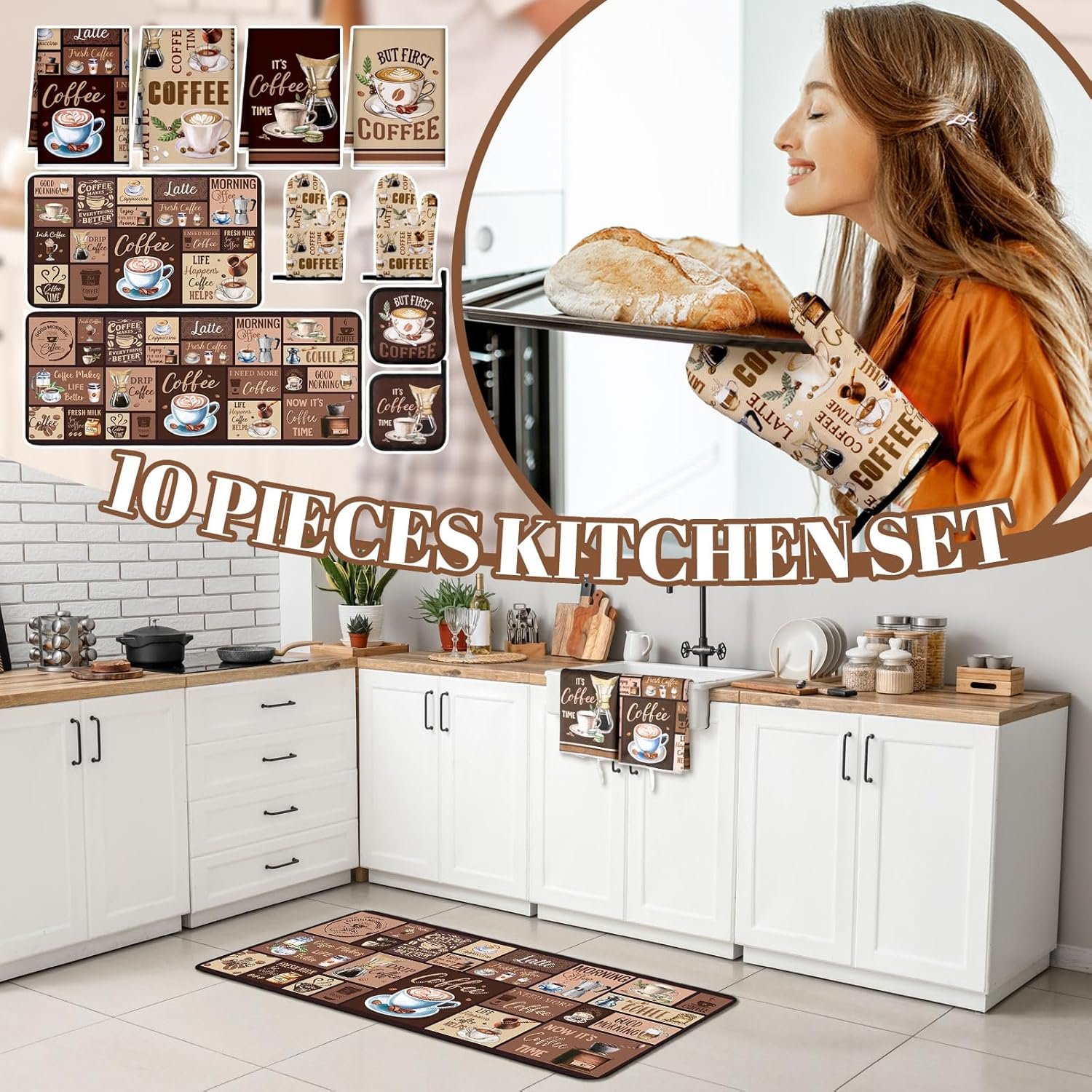 10 Pcs Coffee Kitchen Decor and Accessories Coffee Oven Mitts and Pot Holders Set Dish Towels Farmhouse Kitchen Decor Vintage Brown Gloves for Chef Baking Cooking Grilling BBQ Women Gift - Image 2