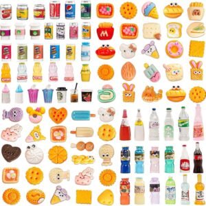 100pcs Miniature Food Drink Mini Brand Bottles Soda Pop Cans Cake Ice Cream Pretend Play Kitchen Game Party Accessories Toys for 1/12 Doll House Resin Food Figures Dollhouse Kitchen Decorations