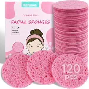 120-Count Compressed Facial Sponges|Kickleen 100% Natural Cellulose Cosmetic Spa Sponges for Daily Facial Cleansing|Makeup And Mask Removal|Exfoliating|Skin Massage|Pore Exfoliation (120 Count (Pink))