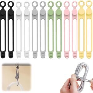 12PC Data Cable Organizer, 2026 Upgrade Silicone Cable Ties Reusable Cable Management Organizers, Multipurpose Elastic Cord Organizer for Fastening and Bundling Cable Cords Wires (12PC)