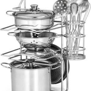 12Pcs Kids Pots and Pans Playset, Pretend Play Kitchen Set Toy Stainless Steel Pots and Pans Cooking Toys Accessories for Kids Toddler Age 3 Years Old