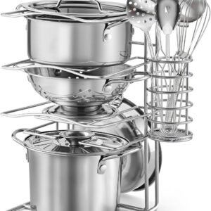 12Pcs Kids Pretend Play Kitchen Accessories Toy Stainless Steel Metal Pots and Pans Playset with Rack Mud Kitchen Accessories Toy Pots and Pans for Kids Toddler Age 3 Years Old