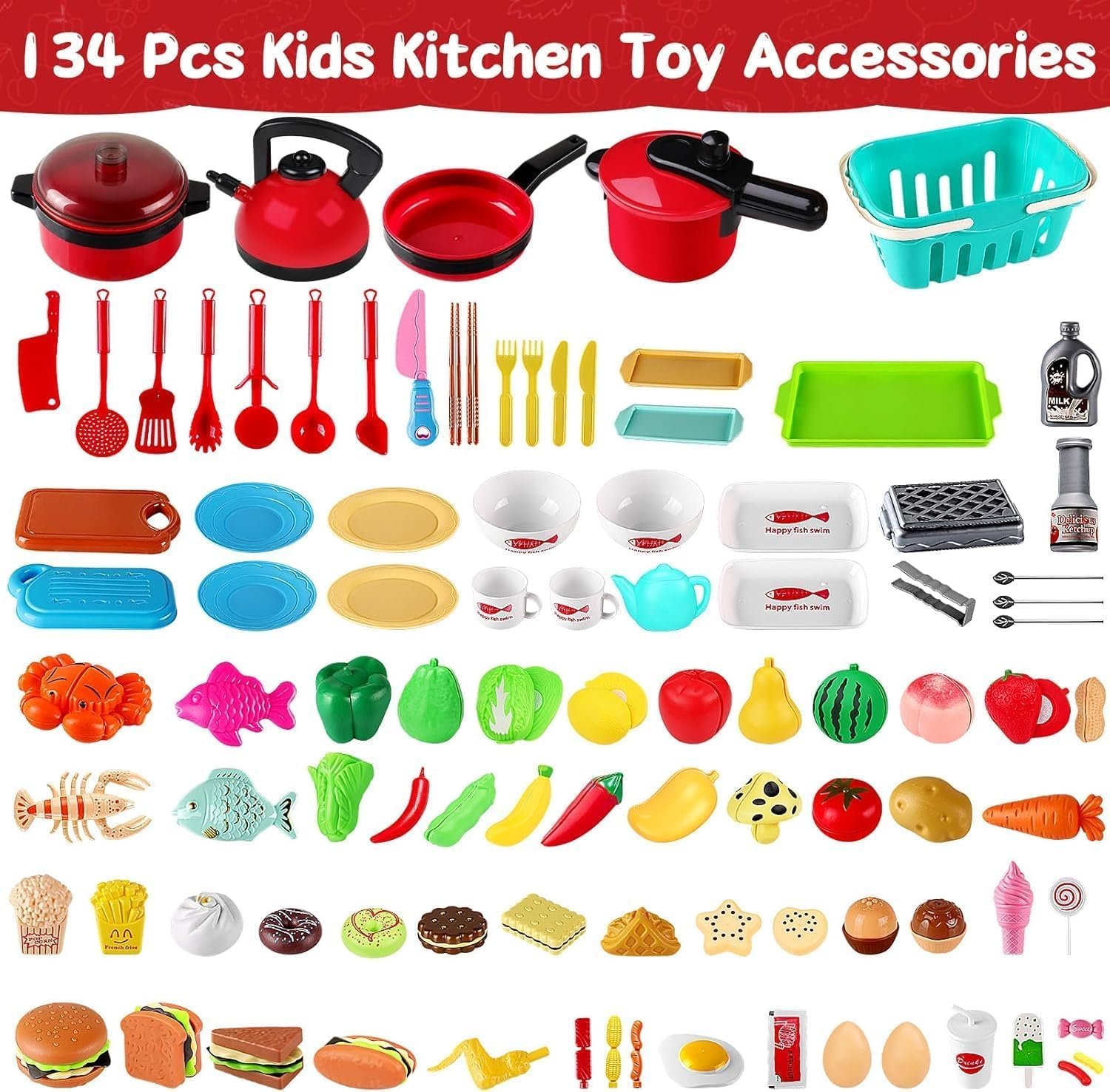 134 Pcs Toy Kitchen Accessories, Toddler Pretend Cooking Toys with BBQ Grill, Pressure Cooker, Kettle, Pots, Pans, Kitchen Playset for Cutting Play Food, Learning Gift for Girls Boys - Image 2