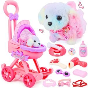 13Pcs Dog Toys for Kids Girls, Pretend Puppy Stroller Playset for Toddler, Electronic Interactive Walking Barking Dog Toy, Pet Care & Feeding Accessories Birthday Gifts for Little Girl 3 4 5 6