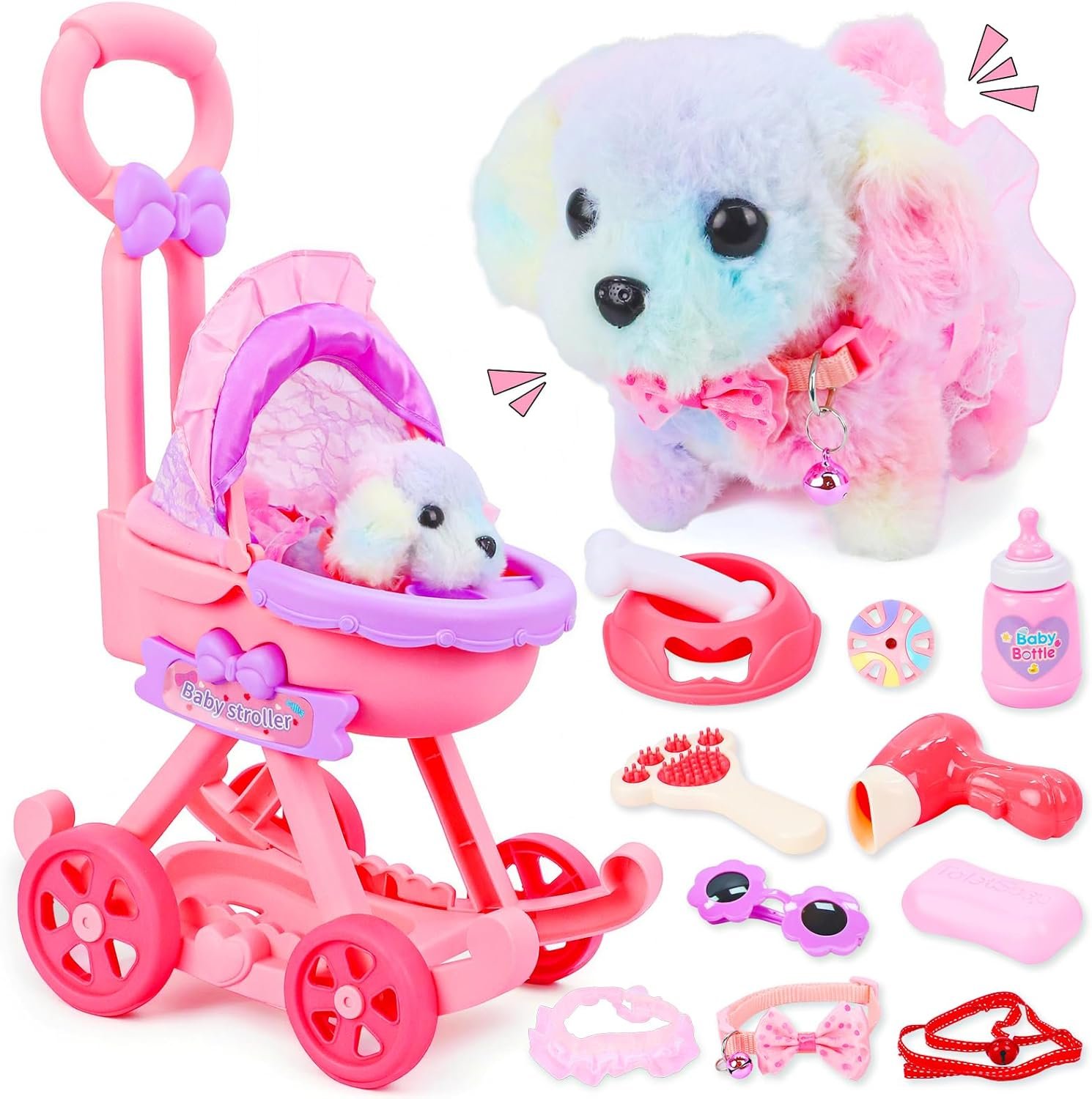 13Pcs Dog Toys for Kids Girls, Pretend Puppy Stroller Playset for Toddler, Electronic Interactive Walking Barking Dog Toy, Pet Care & Feeding Accessories Birthday Gifts for Little Girl 3 4 5 6