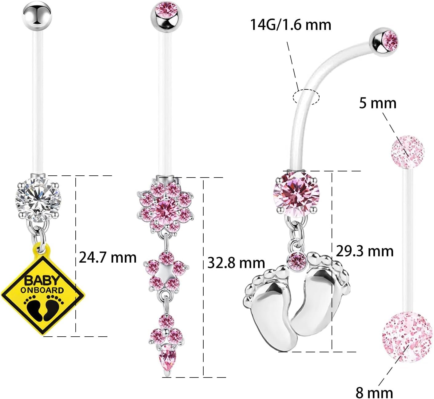 14G Flexible Clear Acrylic Pregnancy Belly Button Ring Flower,letter Dangle Pregnancy Maternity Belly Rings - Image 2