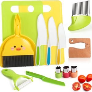 14PC Montessori Toy Safe Kitchen Knife Set for Toddler, Kids Knife Set for Real Cooking with Cutting Board, Gift for 3-12 Year Old Girl Boy Bithday Chistmas, Little Chef Cooking Tool for Kid Age 3-12