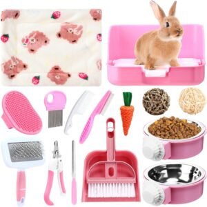 15 Pcs Rabbit Starter Kit Small Rabbit Litter Box Christmas Girls Gift Animal Grooming Kit Bunny Toys Bowl Blankets with Cleaning Set for Guinea Pig Accessories(Pink)
