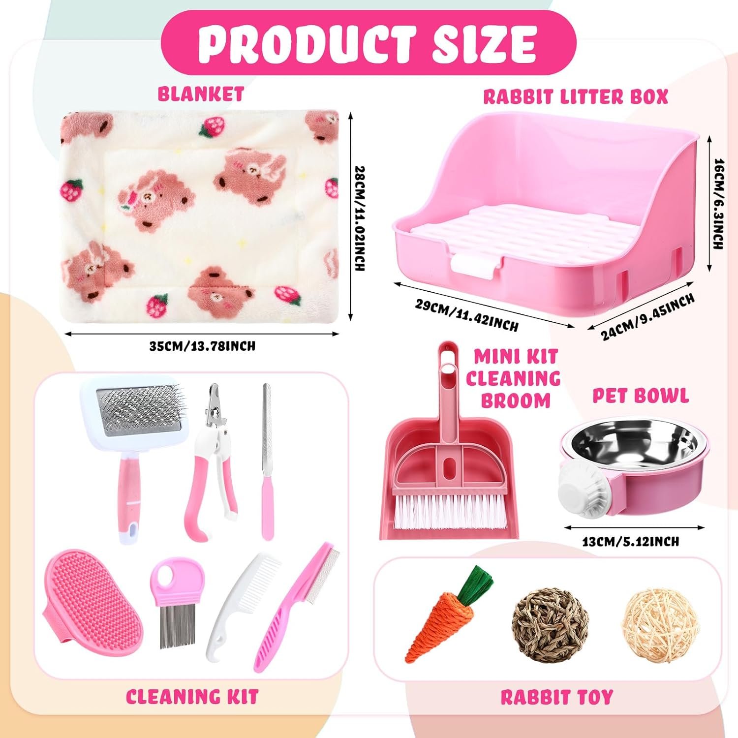 15 Pcs Rabbit Starter Kit Small Rabbit Litter Box Christmas Girls Gift Animal Grooming Kit Bunny Toys Bowl Blankets with Cleaning Set for Guinea Pig Accessories(Pink) - Image 2
